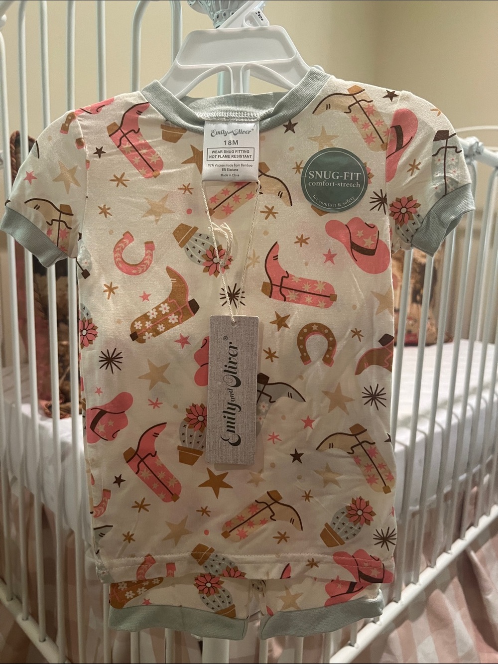 NWT Emily & Oliver Girls' Snug-Fit Pink Western Cowboy Boots Print Pajama Set